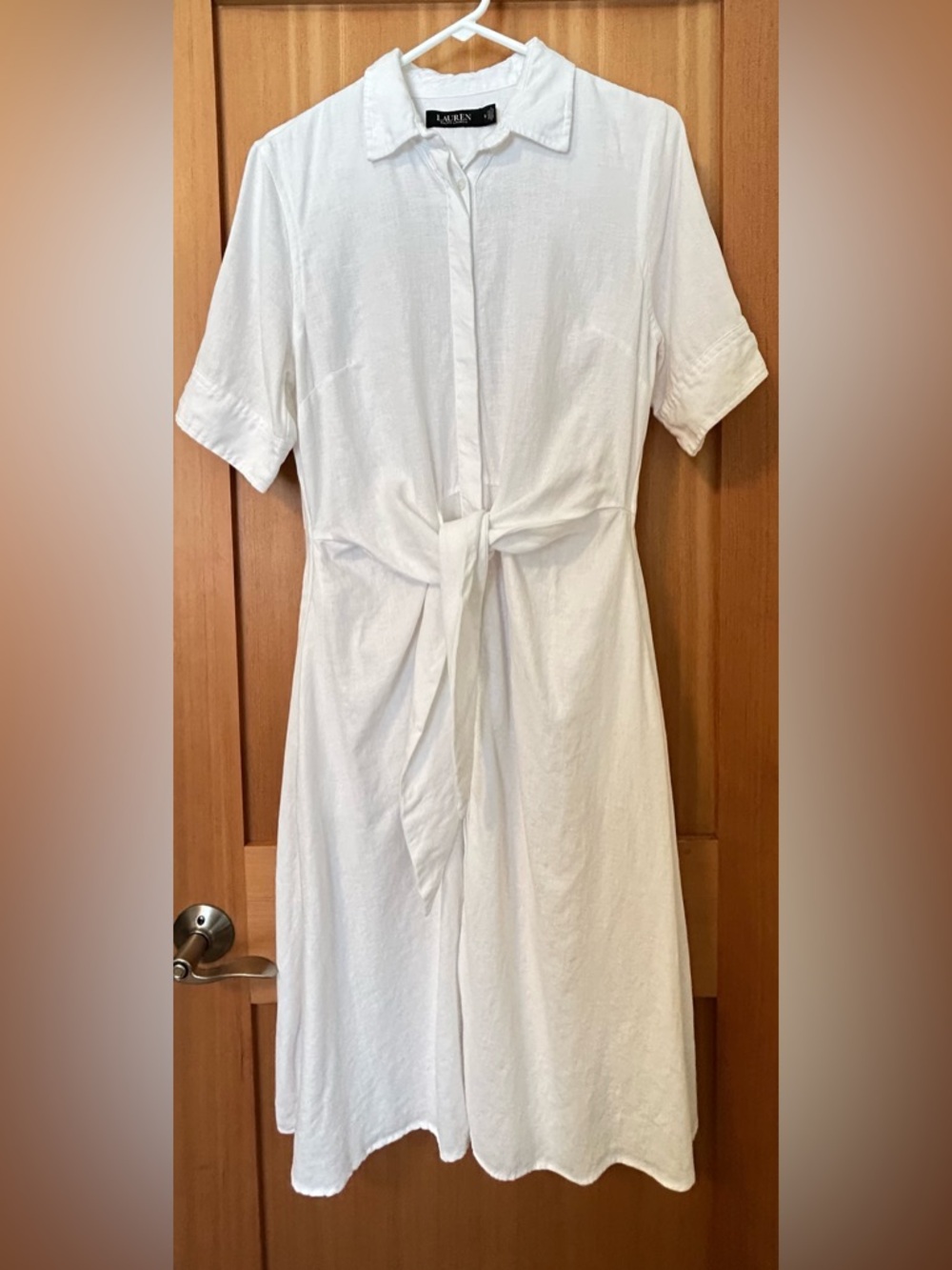 Lauren Ralph Lauren White Linen Blend Shirt Dress Belted Short Sleeve Size 8